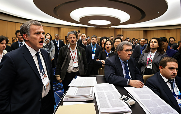 A dynamic, high-stakes international conference scene. In the foreground, a professional interpreter, intensely focused yet composed, acts as a crucial communicative bridge amidst diplomatic tension. Subtle visual cues like swirling abstract lines or glowing connections emanate from the interpreter, symbolizing rapid cognitive processing, cultural bridging, and improvisation. Delegates from various nations are in the background, some showing expressions of urgency or anticipation. The overall atmosphere conveys the pressure and the vital human skill of adapting to unexpected challenges in real-time, highlighting the 'art of adapting to chaos.' Cinematic, realistic, high detail, global communication.
