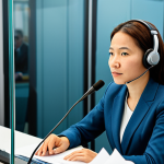 A professional female simultaneous interpreter, wearing a modest business suit, fully clothed, professional dress. She is seated inside a modern, soundproof interpretation booth, intensely focused. She wears a high-quality headset with a microphone, looking through the clear glass towards a large international conference hall. The background shows blurred, diverse delegates attentively seated in a grand, well-lit conference room. Perfect anatomy, correct proportions, natural pose, well-formed hands, proper finger count, natural body proportions, professional photography, high resolution, soft ambient lighting, sharp focus. safe for work, appropriate content, fully clothed, professional.
