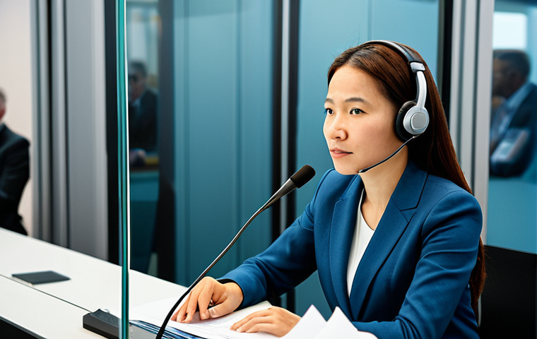 A professional female simultaneous interpreter, wearing a modest business suit, fully clothed, professional dress. She is seated inside a modern, soundproof interpretation booth, intensely focused. She wears a high-quality headset with a microphone, looking through the clear glass towards a large international conference hall. The background shows blurred, diverse delegates attentively seated in a grand, well-lit conference room. Perfect anatomy, correct proportions, natural pose, well-formed hands, proper finger count, natural body proportions, professional photography, high resolution, soft ambient lighting, sharp focus. safe for work, appropriate content, fully clothed, professional.