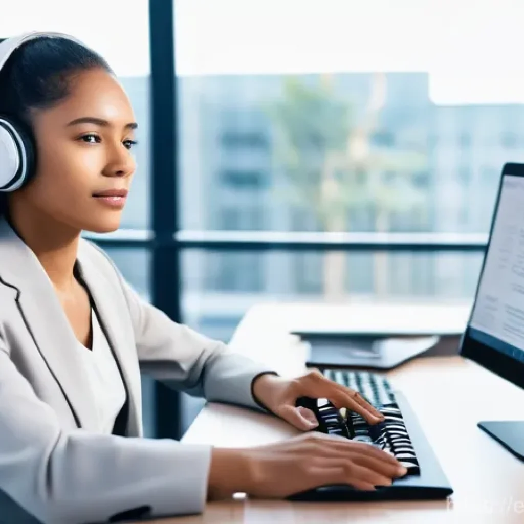 통역사 실기 시험 대비법 - **Prompt:** A young female interpreter, dressed in stylish yet professional business attire, is seat...