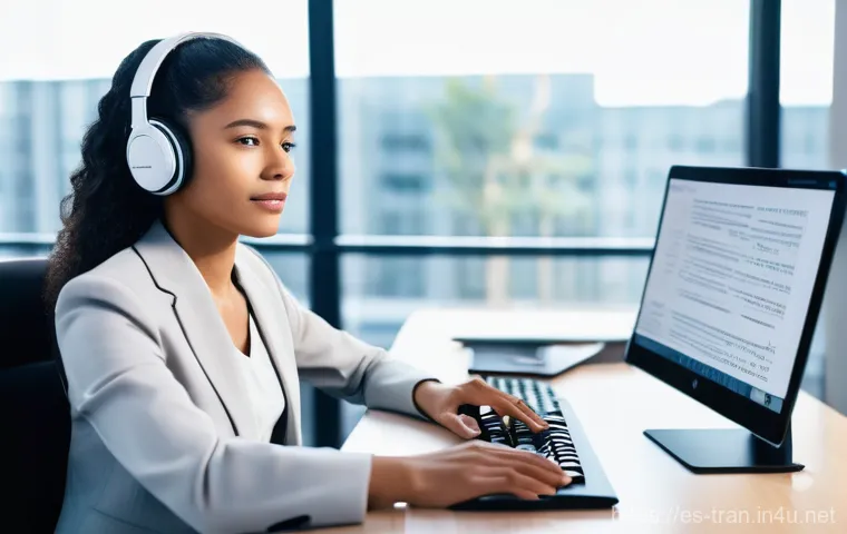 통역사 실기 시험 대비법 - **Prompt:** A young female interpreter, dressed in stylish yet professional business attire, is seat...