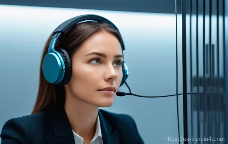 통역사로 일하며 겪는 어려움 - An interpreter, male or female, mid-30s, with a focused and slightly strained expression, sitting in...