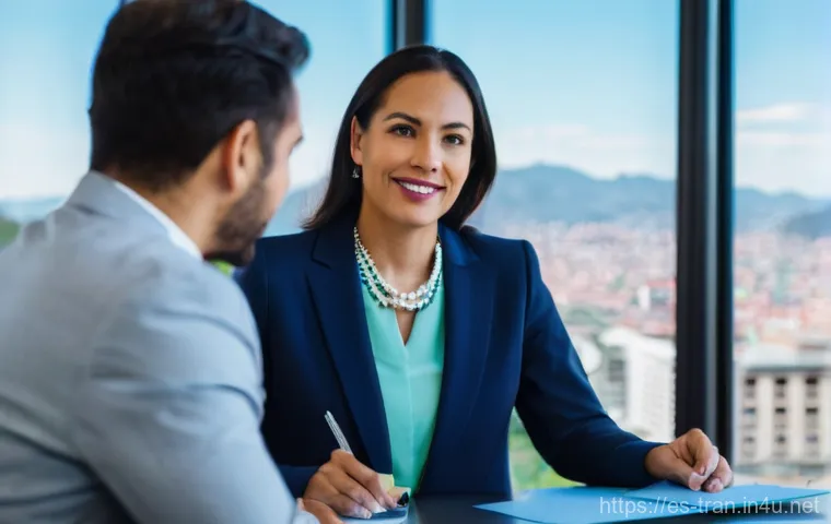 통역사 자격증 종류와 비교 - **Prompt:** A confident female interpreter in her mid-30s, with a warm, professional smile, stands b...