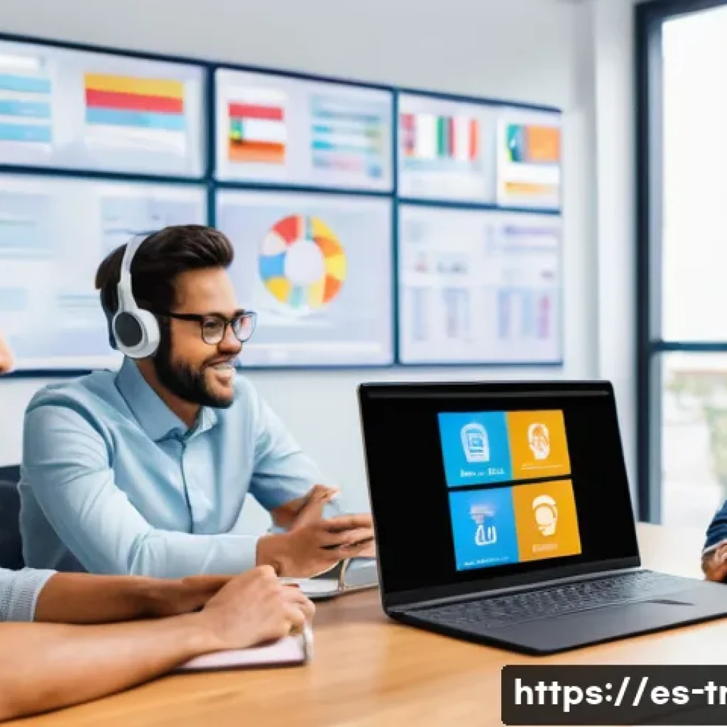 통역사 준비생 커뮤니티 참여하기 - A vibrant digital workspace scene showing a diverse group of young adult interpreters from Spanish-s...