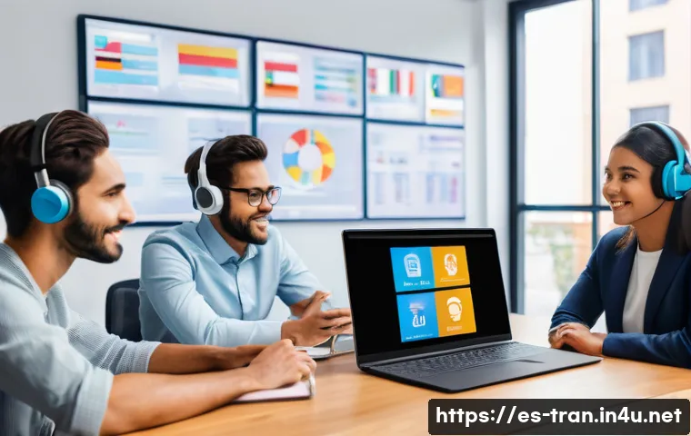 통역사 준비생 커뮤니티 참여하기 - A vibrant digital workspace scene showing a diverse group of young adult interpreters from Spanish-s...