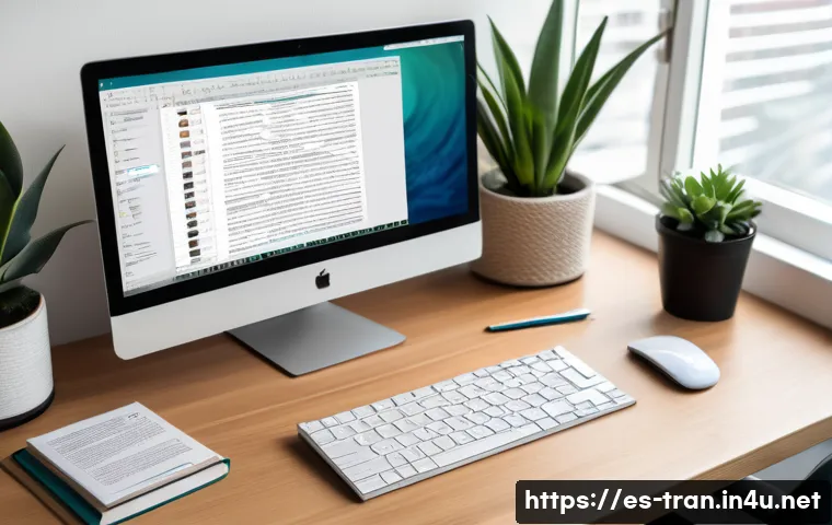 프리랜서 통역사 되는 법 - A professional freelance translator workspace featuring a modern desk with dual monitors displaying ...