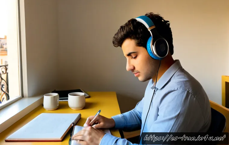 통역사 준비생의 하루 루틴 - Photorealistic early morning scene of a young Spanish-speaking interpreter trainee studying at a bri...